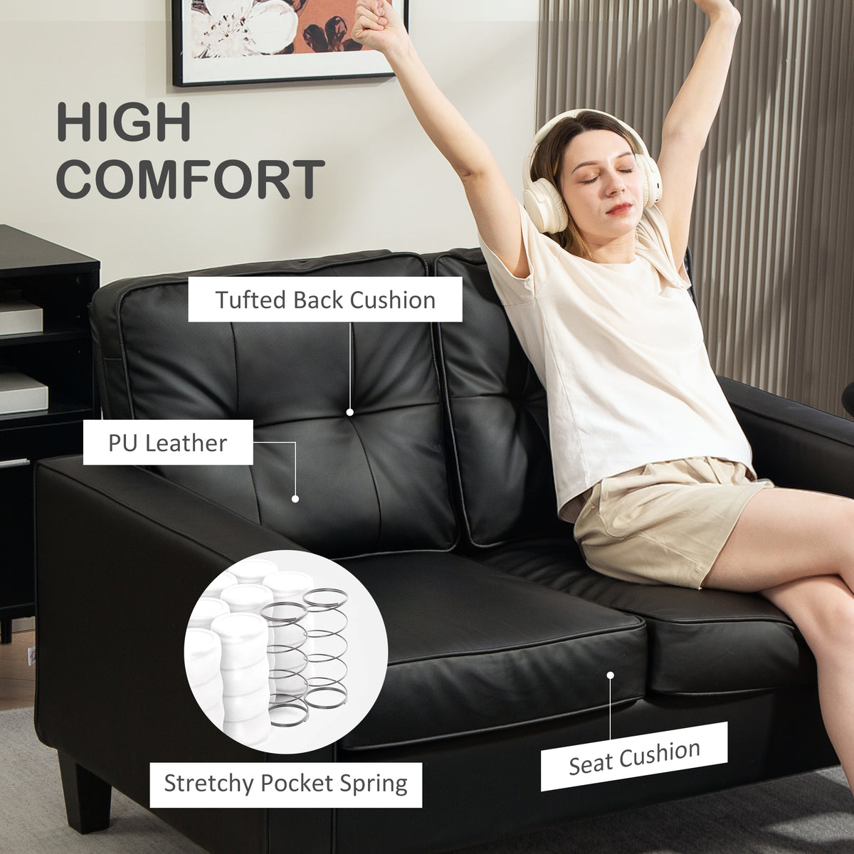 51" Double Sofa Couch, Upholstered PU Leather Loveseat with Armrests, Tufted Backrest, Cushion, Black – view 3