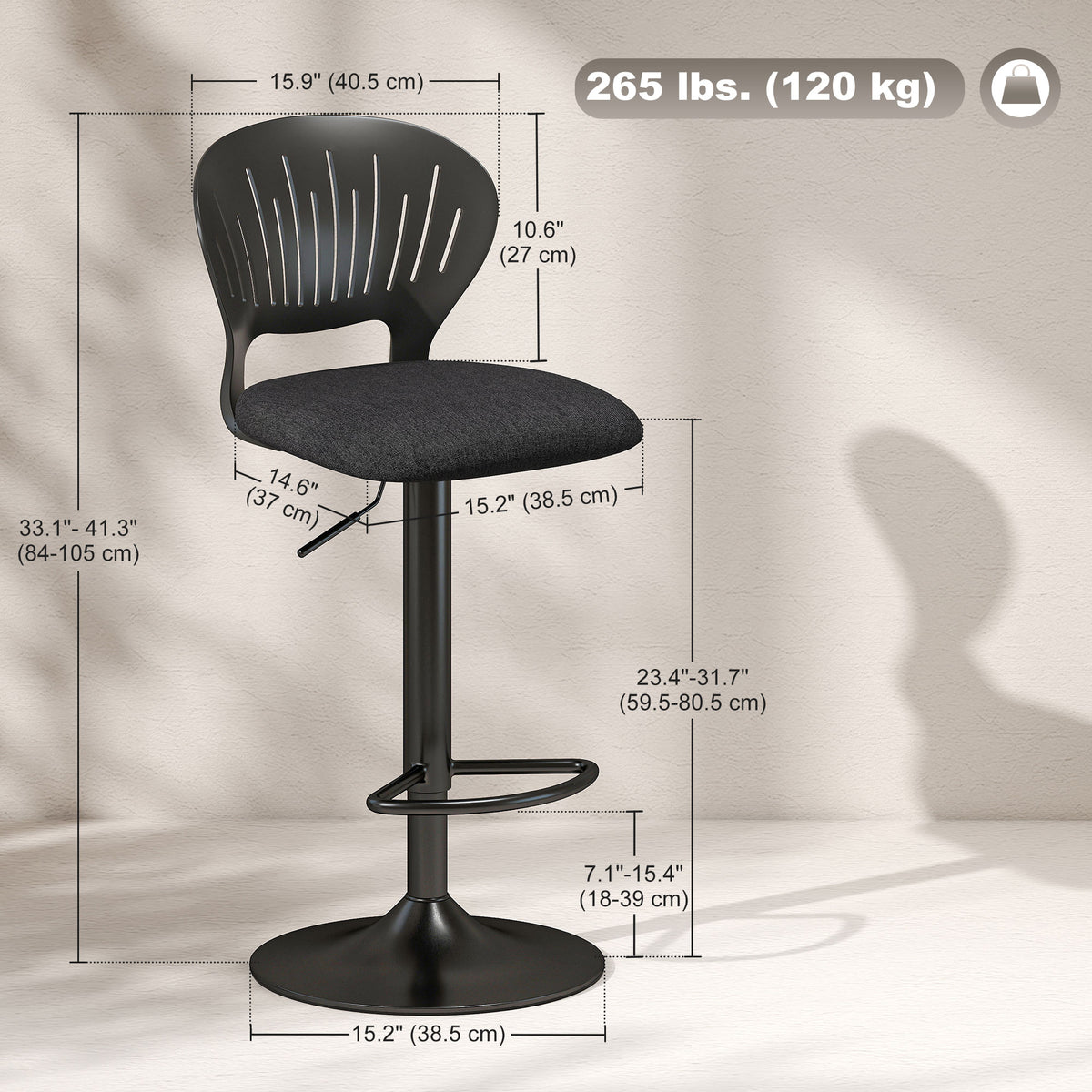 Bar Stools Set of 2, Modern Swivel Counter Height Barstools with Footrest and Hollow Backrest, Black
