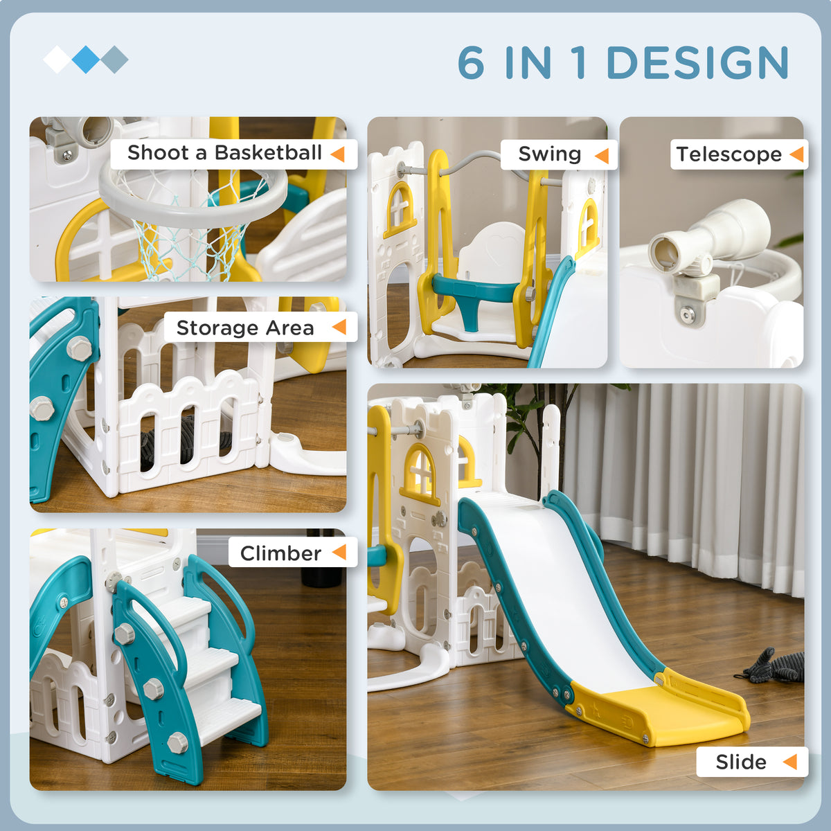 Qaba 6-in-1 Slide and Swing Set Baby Swing Playset Indoor with Basketball Hoop, Climber, Storage Space, Telescope
