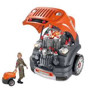 Qaba Kids Truck Engine Toys, Kids Mechanic Workshop Set with Light, Sounds, Steering Wheel and Horn for Boys Girls 3 4 5 Years Old Pretend Play, Orange
