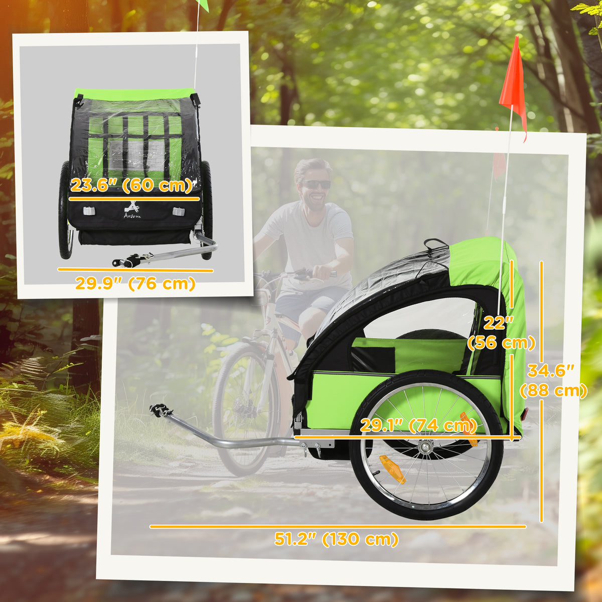Aosom 2-Seat Child Bike Trailer for Kids with a Strong Steel Frame, 5-Point Safety Harnesses, & Comfortable Seat