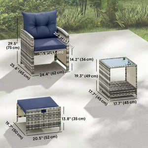 5 Piece Patio Furniture Set, Wicker Patio Chairs with Ottomans, 2-Tier Glass Coffee Table and Cushions – view 16