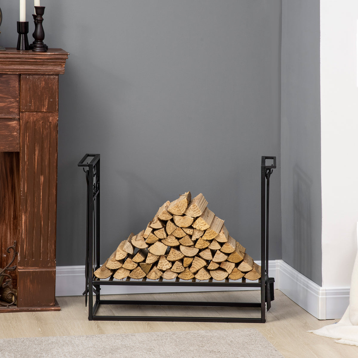 29.5" x 11.75" x 23.5" Heavy Duty Firewood Wood Log Rack Vintage Design Firewood Storage Shelf w/ 4 Tools, Black