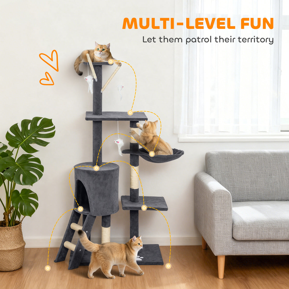 53" Cat Tree Tower, Kitten Activity Centre with Scratching Posts, Condo, Perches, Ladder, Hammock – view 17