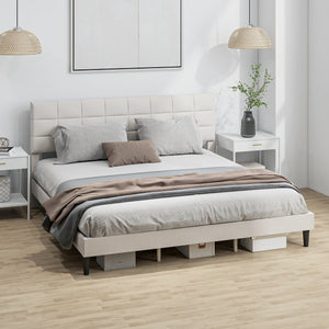 Queen Size Bed Frame with Upholstered Headboard, Modern Platform Bed Frame with Wood Slats, 1100 lbs Capacity, Cream