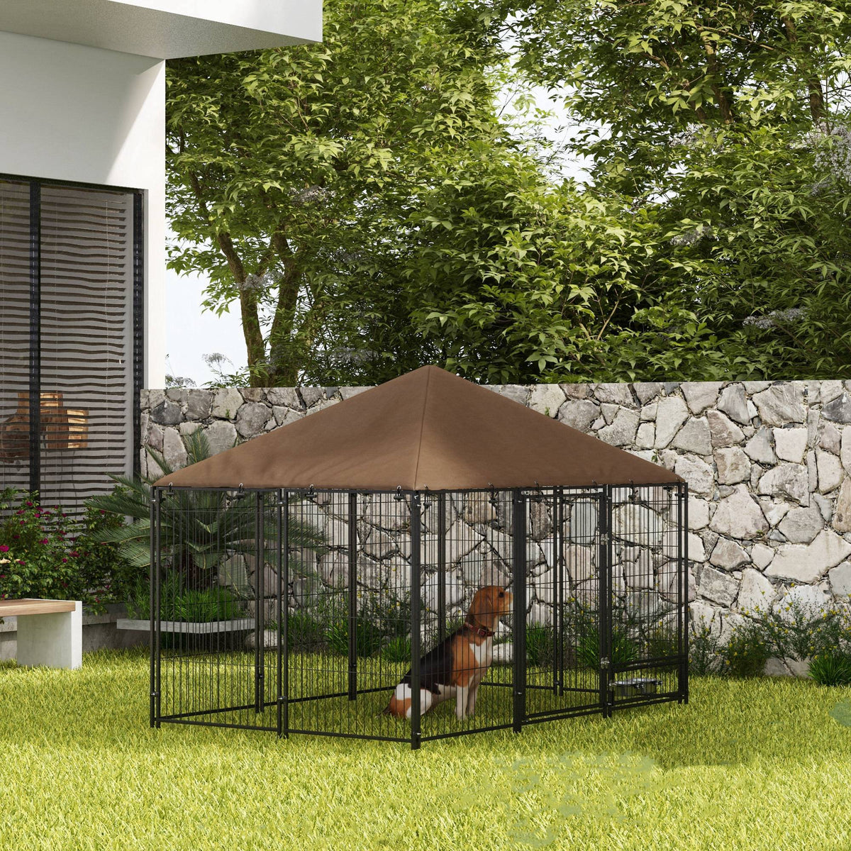4.6' x 4.6' x 5' Outdoor Dog Kennel with Canopy, Rotating Bowls, Coffee – view 14