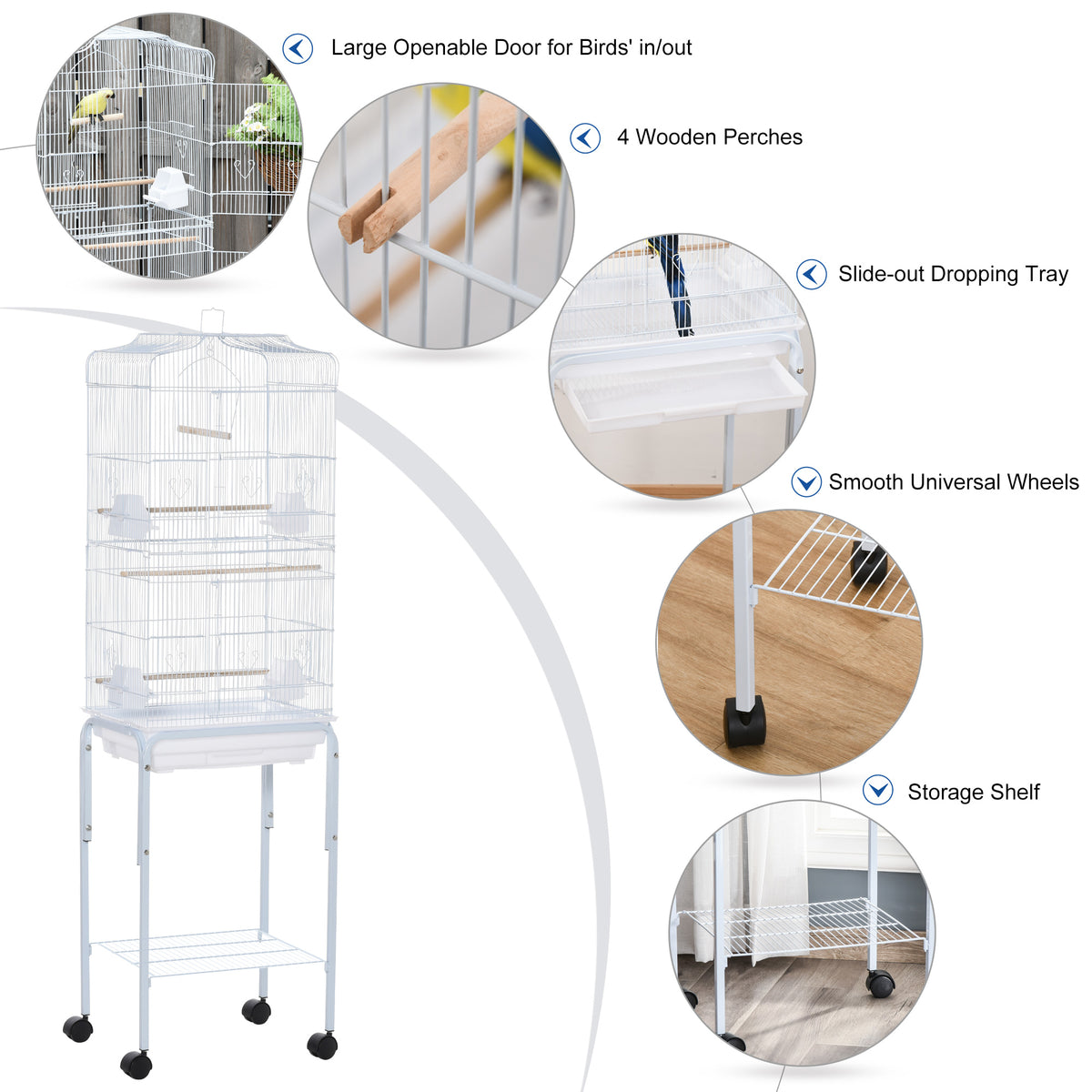 62" Rolling Bird Cage Cockatoo House Play Top Finch Pet Supply with Storage Shelf, Wheels - Black – view 11