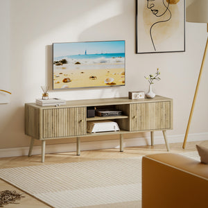 TV Stand for 65 Inch Television, Entertainment Center with Adjustable Shelves and Pine Wood Legs for Living Room, Oak