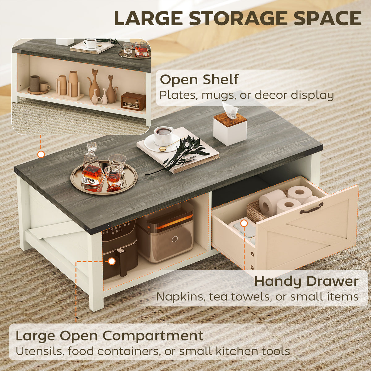 Farmhouse Coffee Table with Drawer, Open Storage Shelf for Living Room, Dining Room, Office, Distressed White