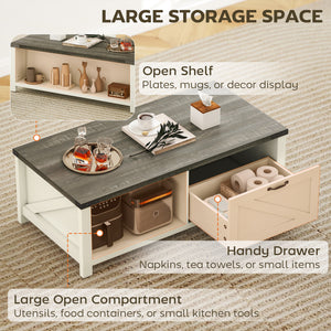 Farmhouse Coffee Table with Drawer, Open Storage Shelf for Living Room, Dining Room, Office, Distressed White