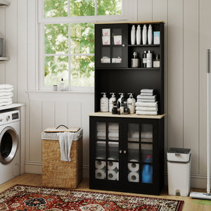 Kitchen Buffet with Hutch, Storage Pantry with 3 Cabinets, 2 Open Shelves and Large Countertop, Black – view 7