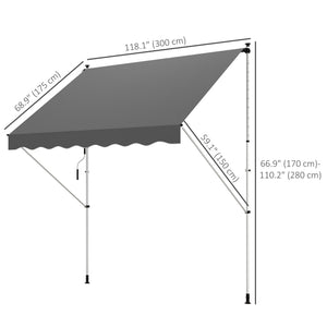 10x5ft Manual Retractable Awning, Patio Sun Shade Canopy Shelter with 5.6-9.2ft Support Pole, Water Resistant UV Protector, for Window, Door, Porch, Deck, Grey