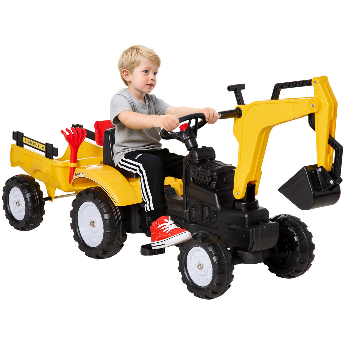 Aosom Ride on Tractor for Kids, Pedal Construction Car with Horn & Detachable Trailer for 3 Years Old, Yellow