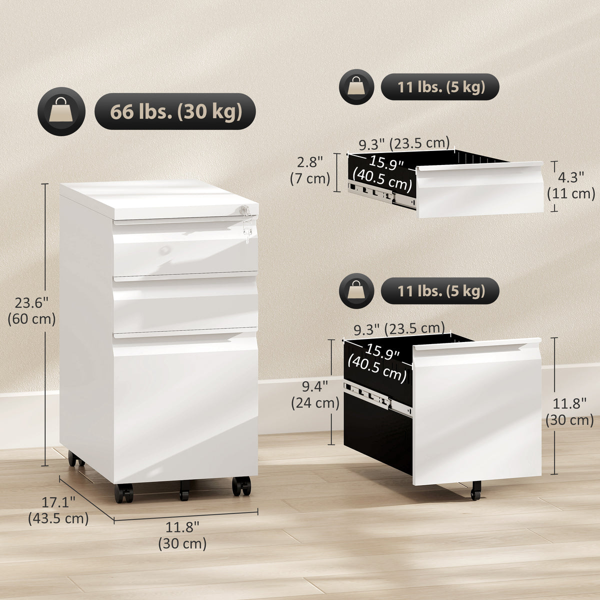 3 Drawer Filing Cabinet with Lock, Steel Office Storage Cabinet with Hanging Bar for A4, Legal – view 9