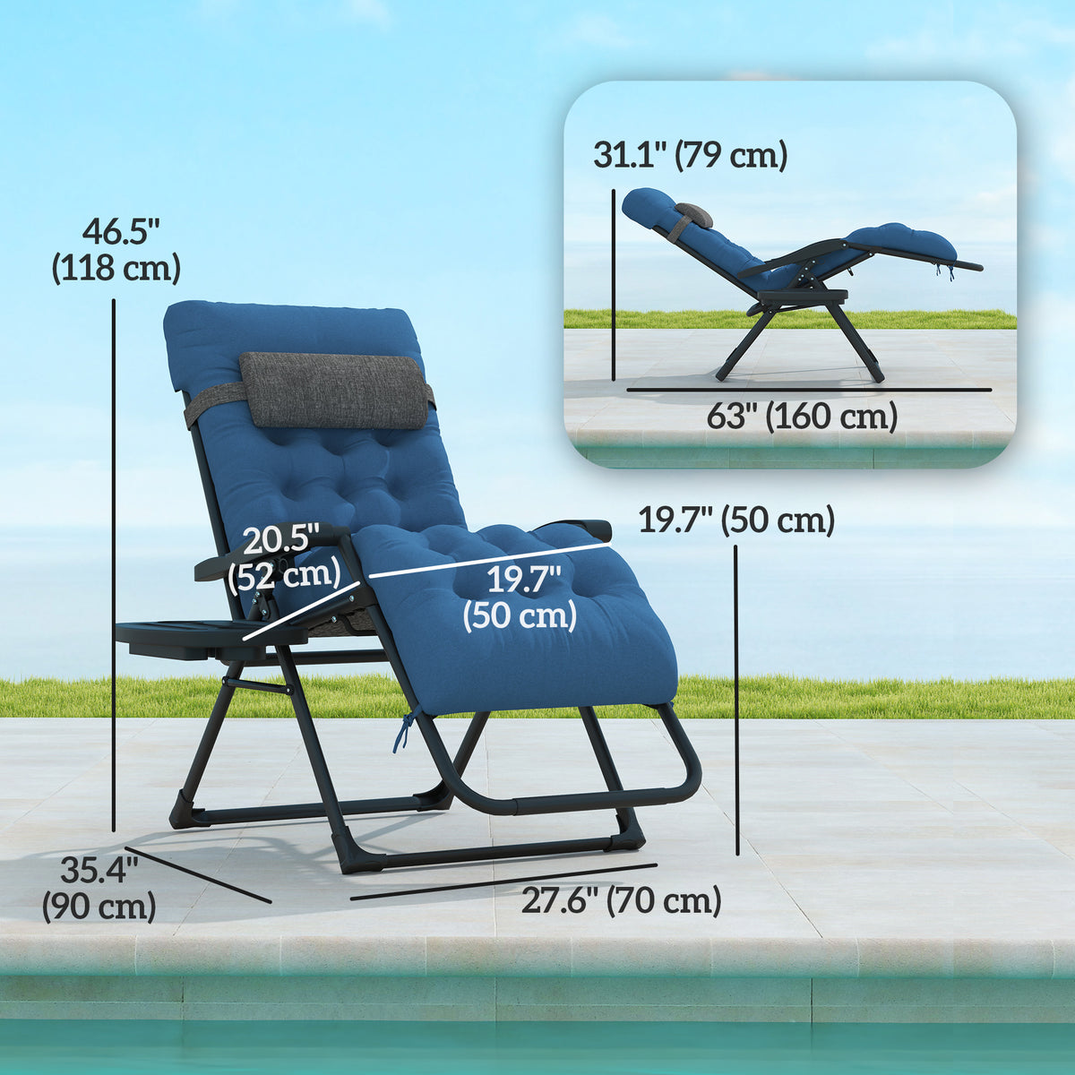 Padded Folding Recliner Chair, Patio Lounger with Cupholder, Adjustable Backrest, Removable Cushion, Black – view 30