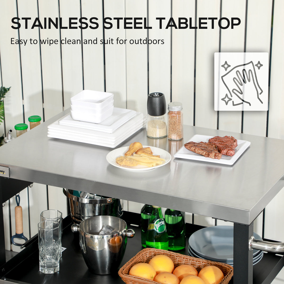 3-Shelf Outdoor Grill Cart Table with Side Handle, Stainless Steel Pizza Oven Stand on Wheels, Black – view 4