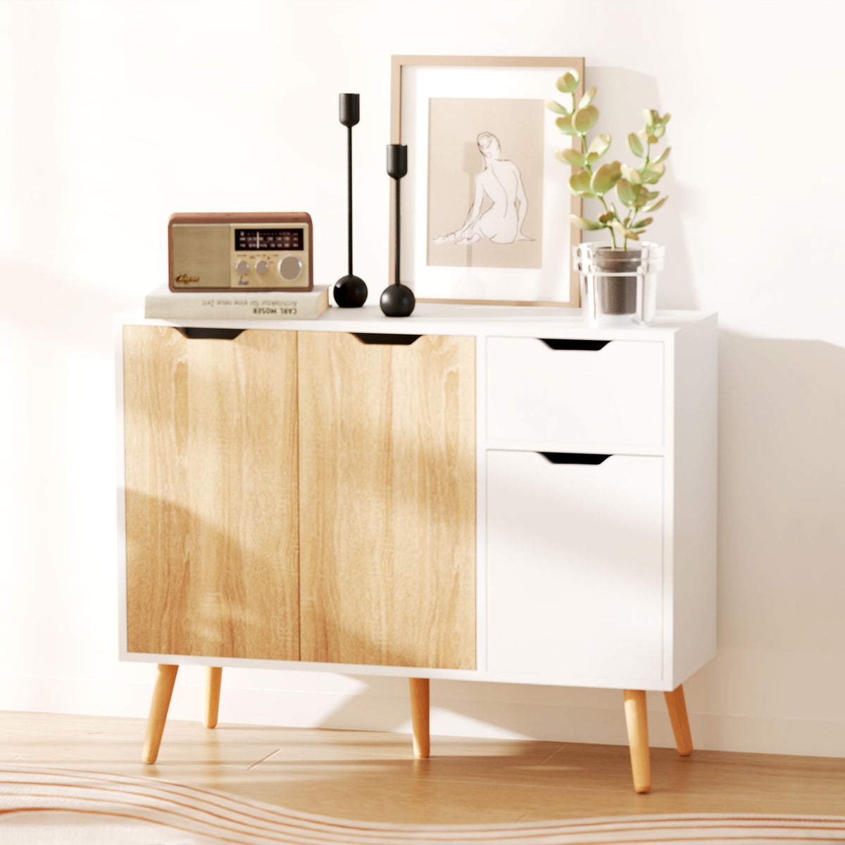 35" Sideboard Storage Cabinet with Drawer, White and Nature Wood