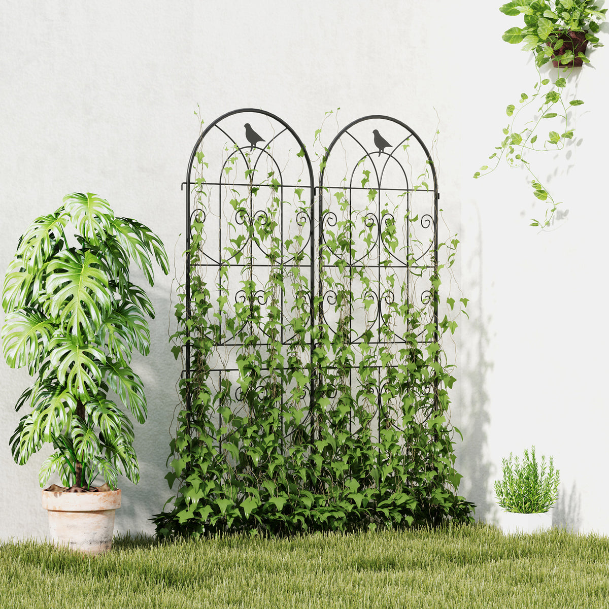 Set of 2 Metal Garden Trellis, Decorative Trellis Panels, Bird Design, 120 x 50 cm, Black – view 14
