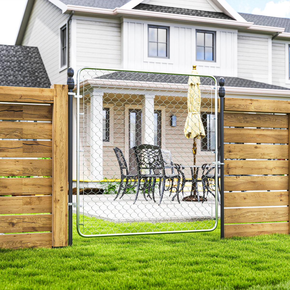Garden Gate Chain Link Fence Gate, Galvanized Steel Garden Door for Yard Entrance Way, 70.9 x 70.9 in., Silver
