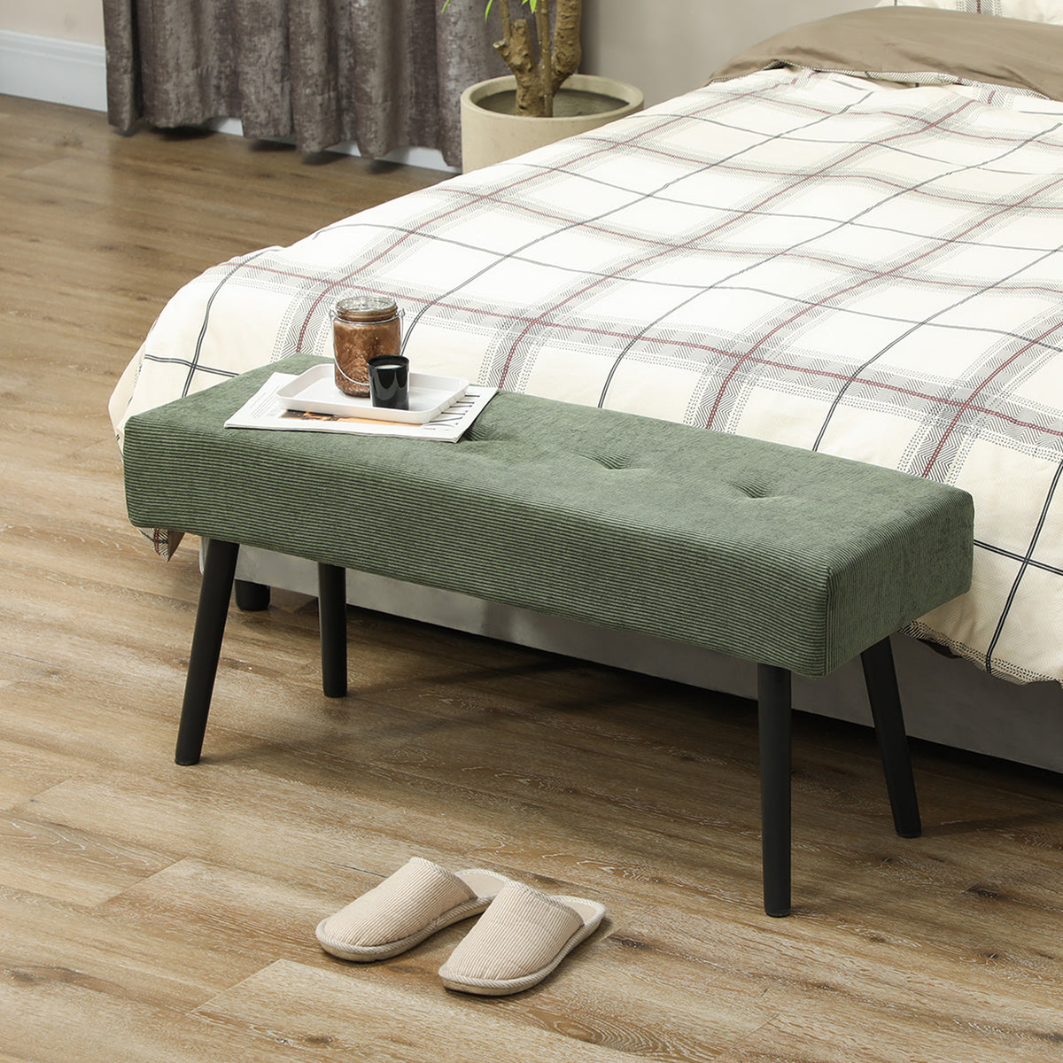 39" Upholstered Ottoman Bench, Corduroy Entryway Bedroom Bench with Padded Seat and Steel Legs for Bedroom – view 14