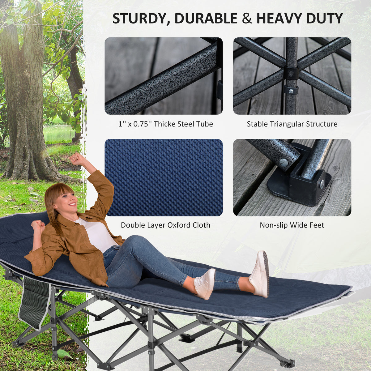 Folding Camping Cot with Mat & Pillow, Double Layer Oxford Heavy Duty Sleeping Cot with Carry Bag Blue – view 4