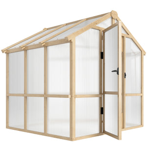 6.6 x 6ft Polycarbonate Greenhouse Wooden Green House with Thickened Polycarbonate Sheets, Lockable Door, Brown