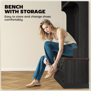 3-in-1 Hall Tree with Bench, Coat Rack with Shoe Storage, Distressed Black – view 5