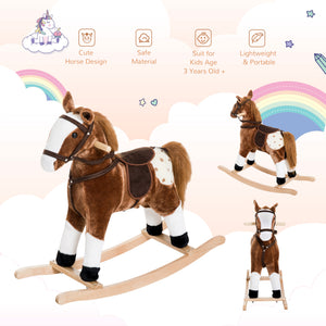 Qaba Rocking Horse Plush Pony Children Kid Ride on Toy w/ Realistic Sound (Light Pink)