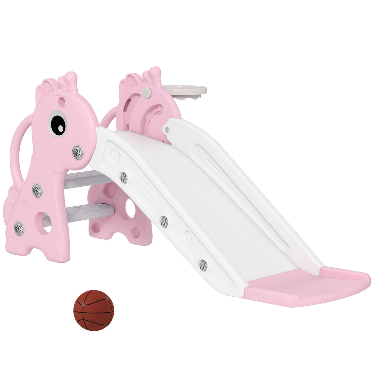 Qaba 3 in 1 Toddler Slide for Age 1-3, Kids Slide with Climber, Basketball Hoop and Ball, Giraffe Design