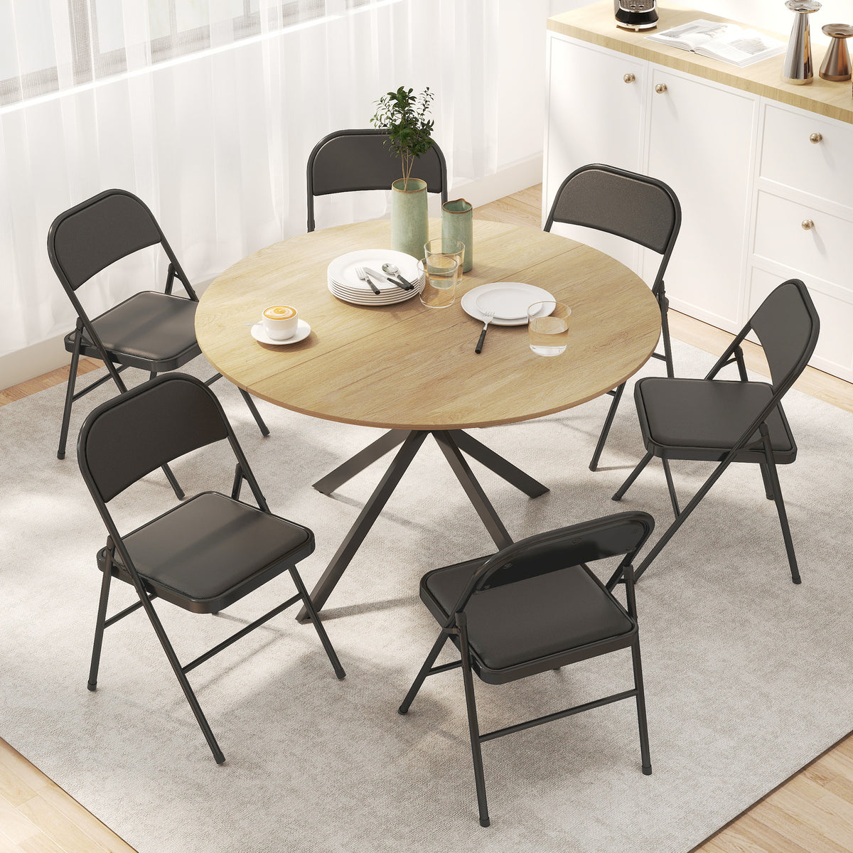 Set of 6 Metal Foldable Chairs, PU Leather Padded Folding Chairs with Cushion Seat and Open Back for Indoor, Black