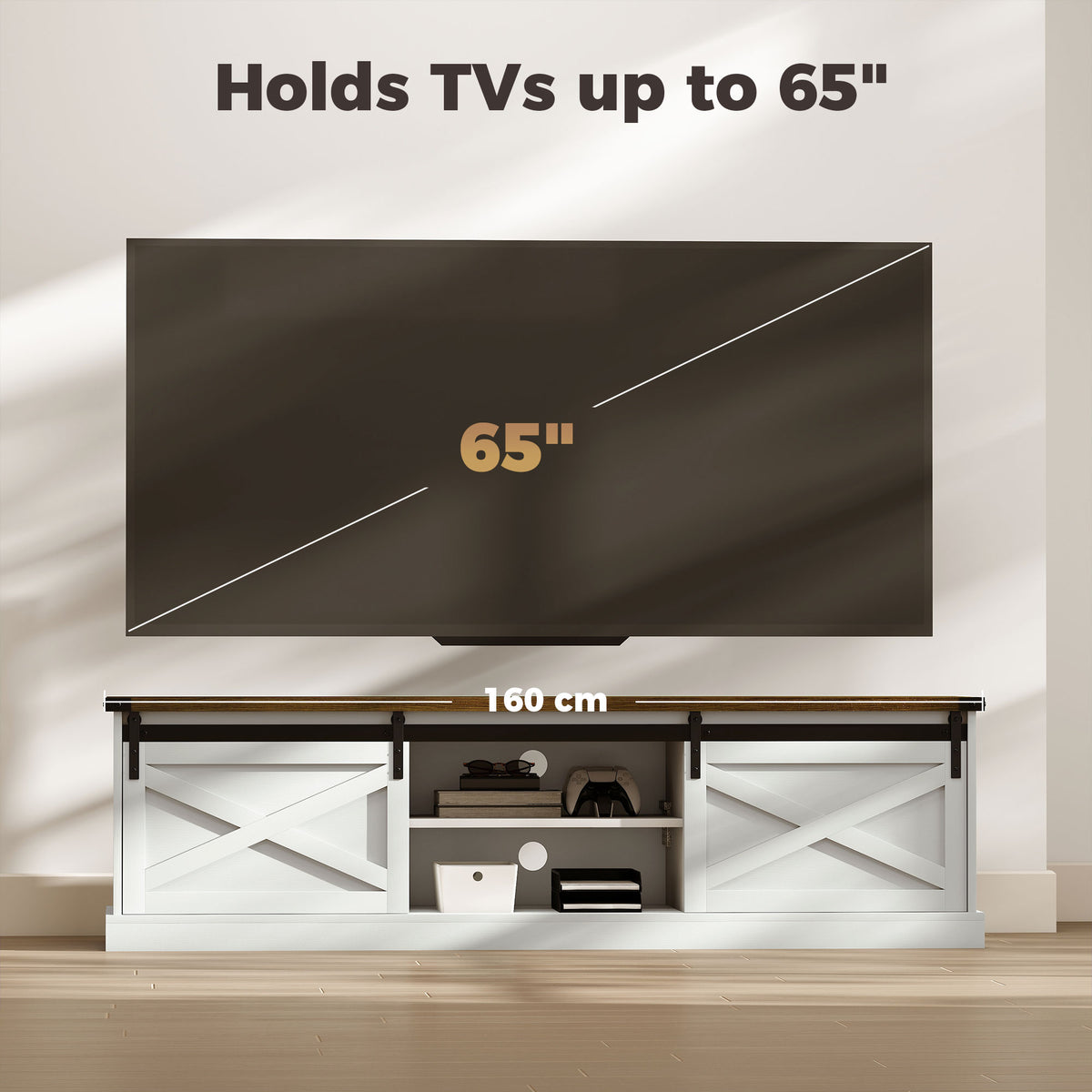 TV Stand for TVs up to 65 Inch, Entertainment Center with Shelves, Cabinets, Sliding Barn Doors, Thick Top, White