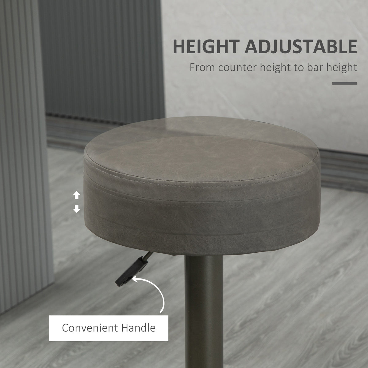 Modern Adjustable Bar Stools Set of 2, Swivel Barstool with Footrest, PU Leather Round Top for Kitchen, Dark Grey