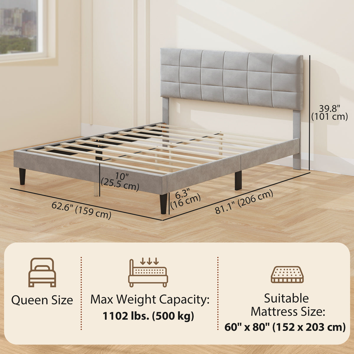 Queen Size Bed Frame with Upholstered Headboard, Modern Platform Bed Frame with Wood Slats, 1100 lbs Capacity, Cream