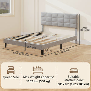 Queen Size Bed Frame with Upholstered Headboard, Modern Platform Bed Frame with Wood Slats, 1100 lbs Capacity, Cream