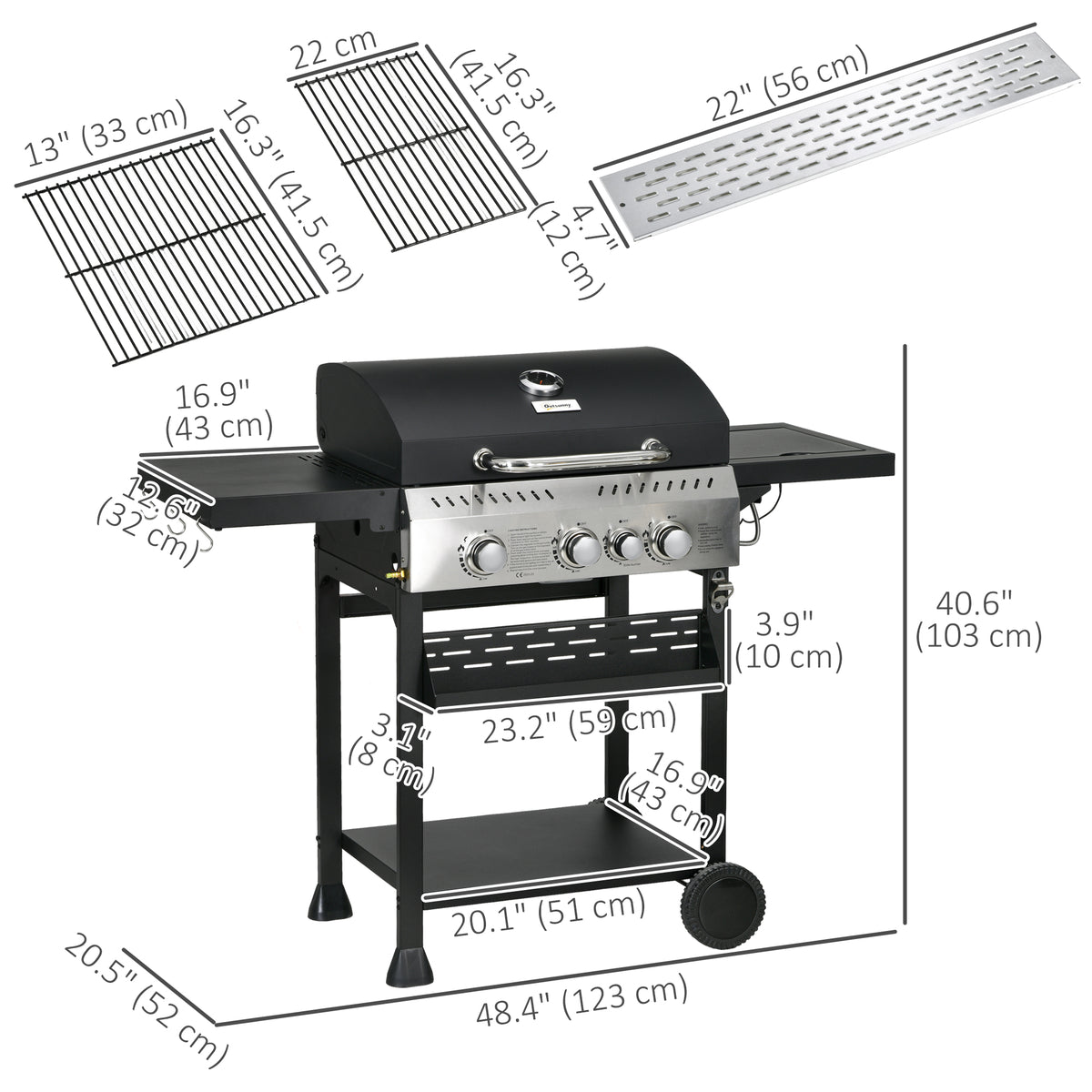 40,000 BTU Propane Gas Grill BBQ Cart with 4 Main Burners, 1 Side Burner, with Warming Rack – view 9
