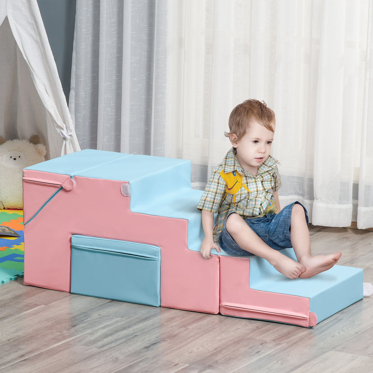 Qaba 2-Piece Soft Play Kids Foam Play Se for Crawl and Climb, Light Blue