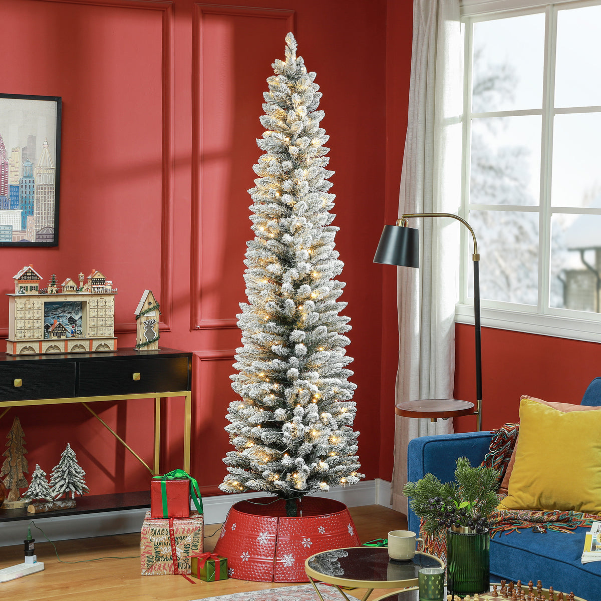 5ft Artificial Prelit Christmas Tree with Warm White LED Light, Snow Flocked Branches, Metal Base, Pencil Xmas Tree