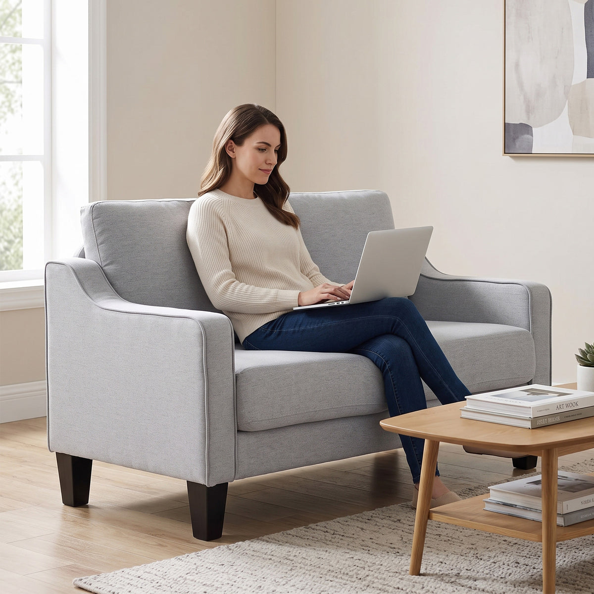 Loveseat Sofa, Modern Couch with Pocket Spring, Linen Upholstered, Thick Padded, Beige – view 20