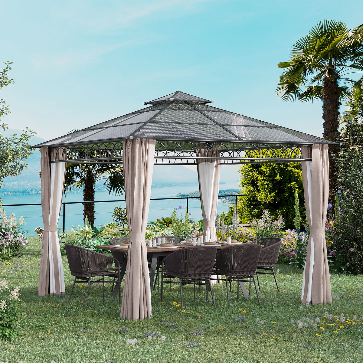 10' x 10' Outdoor Hardtop Gazebo Canopy w/ Double PC Roof, Steel Frame, Nettings – view 14