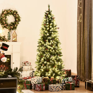 6 ft Snow-Dipped Pencil Christmas Tree Pre-Lit Holiday Decoration with LED Lights Pine Cones Red Berries Green