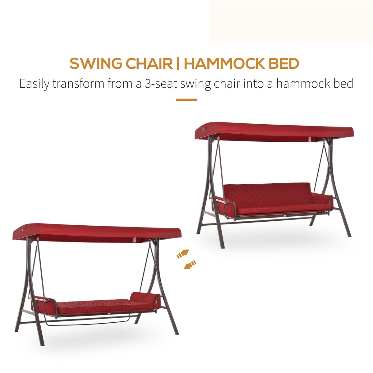 3 Person Porch Swing Bed, 2-in-1 Convertible Outdoor Patio Swing Chair Bench Hammock with Adjustable Canopy, Cushions, Pillows for Porch and Backyard, Red