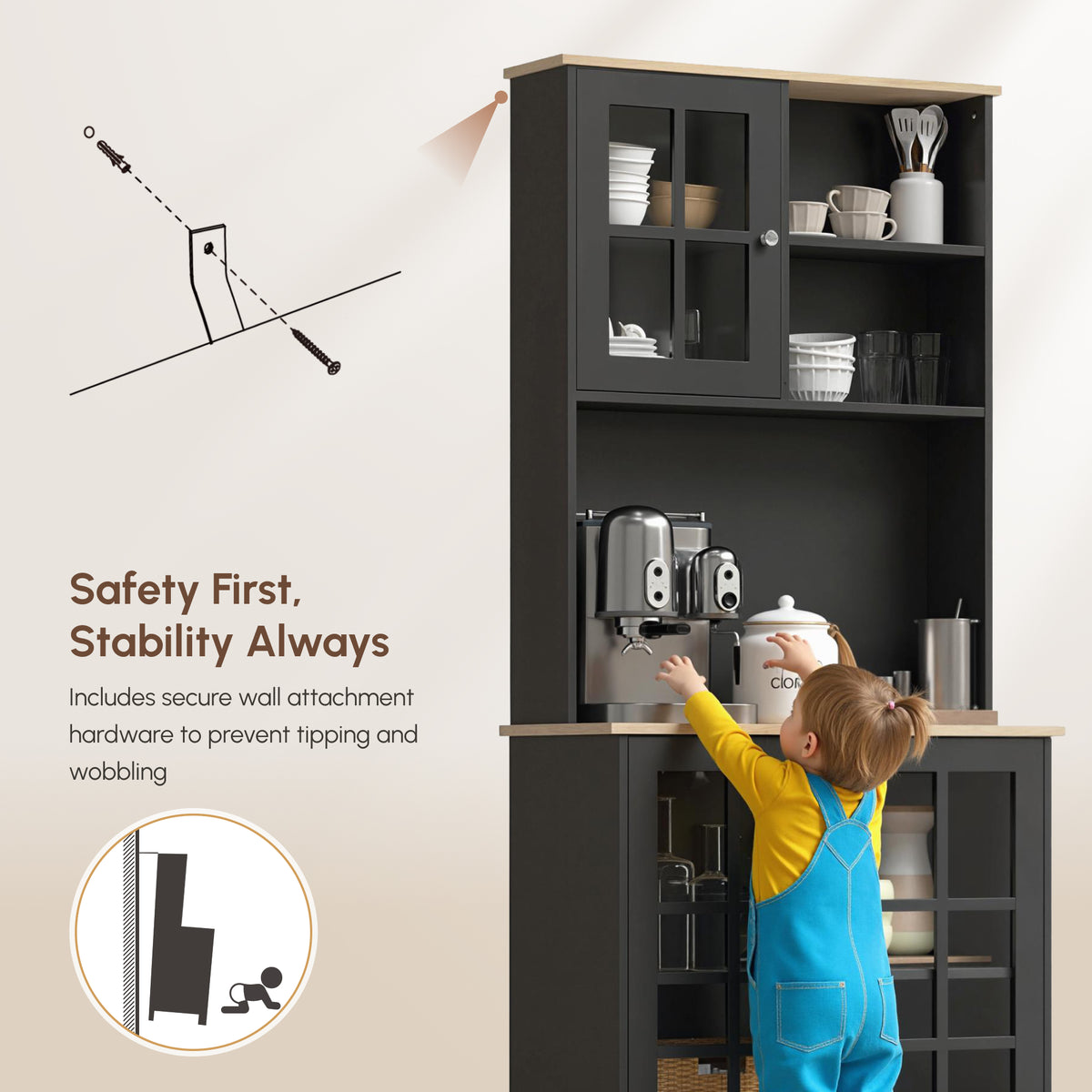 Kitchen Buffet with Hutch, Storage Pantry with 3 Cabinets, 2 Open Shelves and Large Countertop, Black – view 5