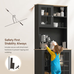 Kitchen Buffet with Hutch, Storage Pantry with 3 Cabinets, 2 Open Shelves and Large Countertop, Black – view 5
