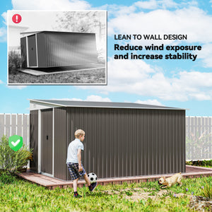 11' x 9' Steel Garden Storage Shed, Outdoor Metal Tool House with Double Sliding Doors & 2 Air Vents, Grey – view 6