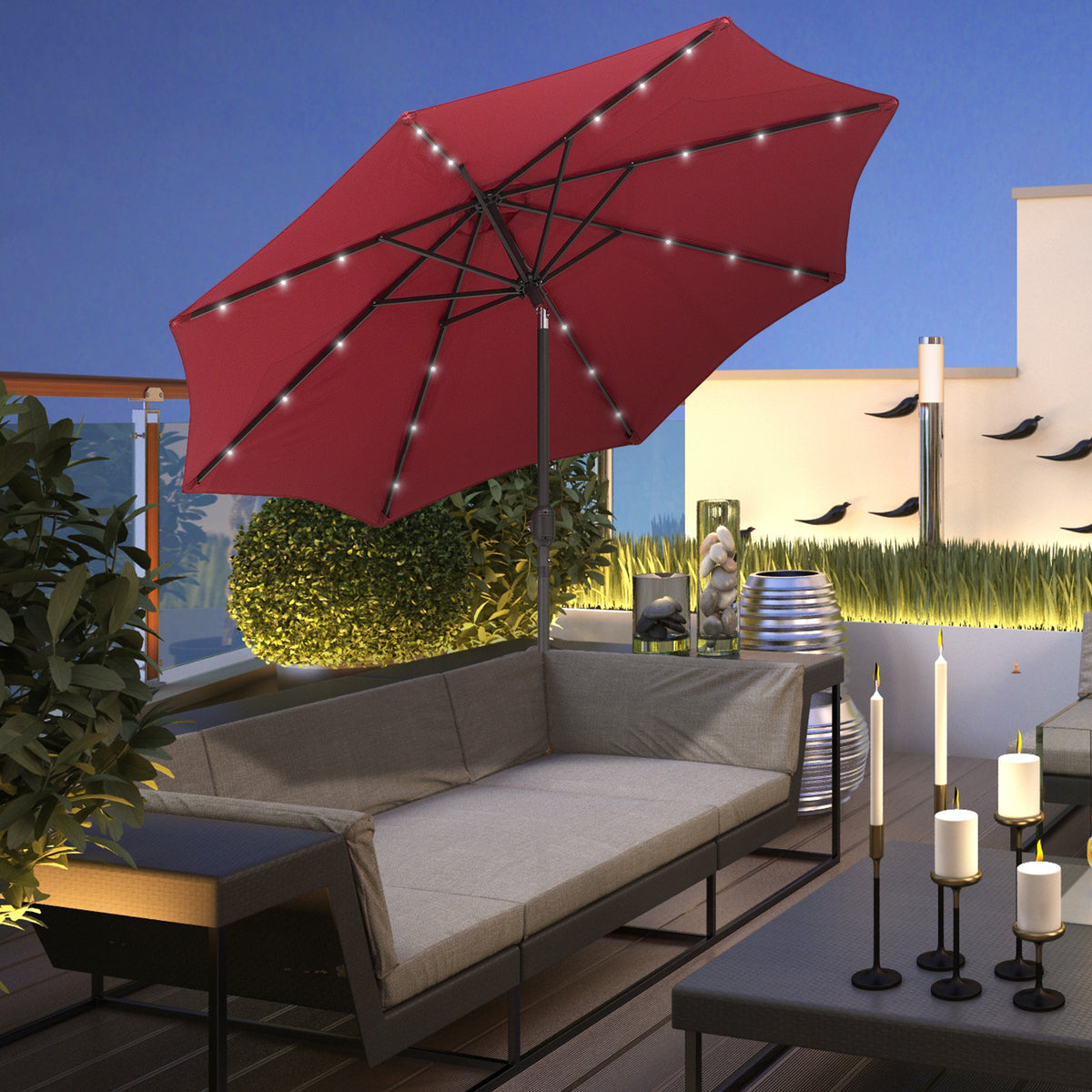 9ft Solar Patio Umbrella Outdoor Sunshade 24 LED Lights Tilt Canopy Wine Red – view 14