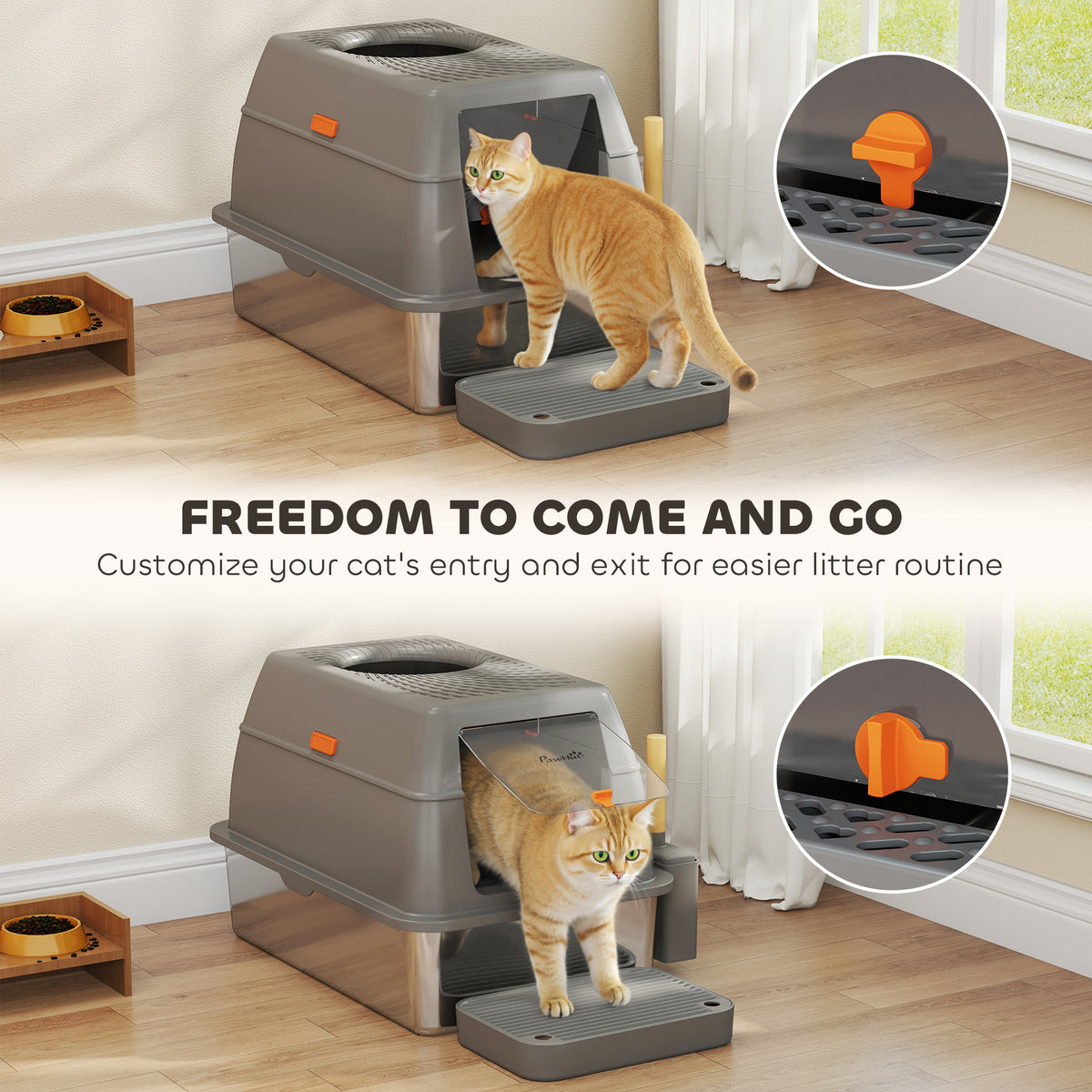 XL Stainless Steel Cat Litter Box, 80L Kitty Litter Box with Front/Top Entry, Trapping Step, Scoop, for Large Big Cats