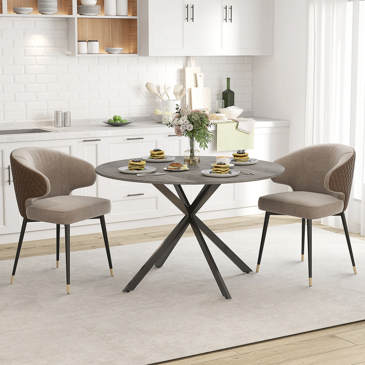 47" Round Kitchen Table for 4, Industrial Dining Table with Steel Legs for Dining Room, Grey Wood Grain and Black