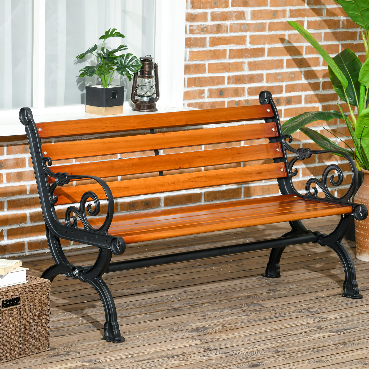 47 Inch Outdoor Garden Bench, Patio Loveseat with Unique Armrests, Slatted Seat Back, 528 lbs. Capacity, Teak Colour