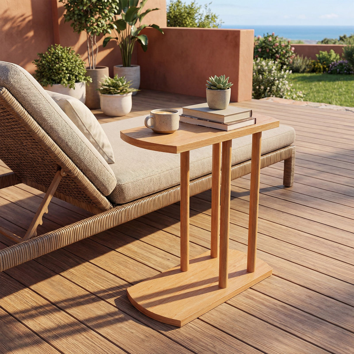 Narrow 2-Tier C-shaped Teak Wood Side Table with Thickened Top and Sturdy Base view 2