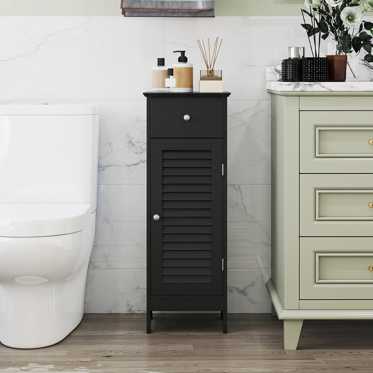 Narrow Bathroom Storage Cabinet with Adjustable Shelf and Drawer-Black view 3